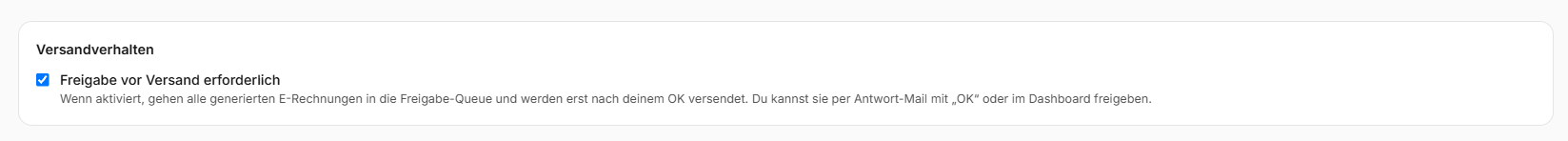 Einstellung „Freigabe vor Versand erforderlich" im Bereich Versandverhalten