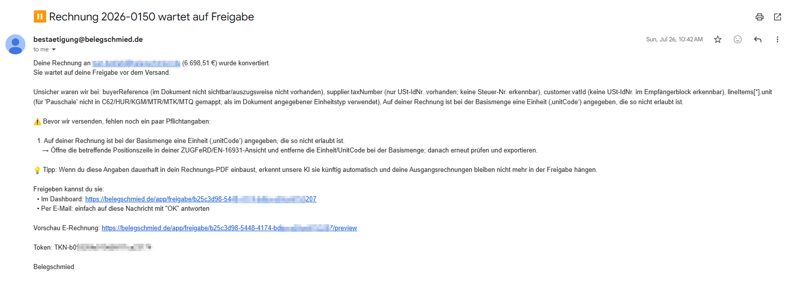 Freigabe-Mail im Mailprogramm mit den unsicheren Feldern und dem Link ins Dashboard