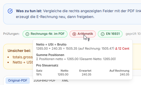 Geöffnetes Detail-Fenster einer Prüfung mit den konkreten Zahlen