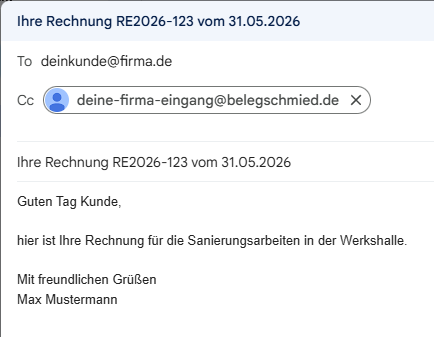 Mail-Composer mit Belegschmiede-Adresse in CC
