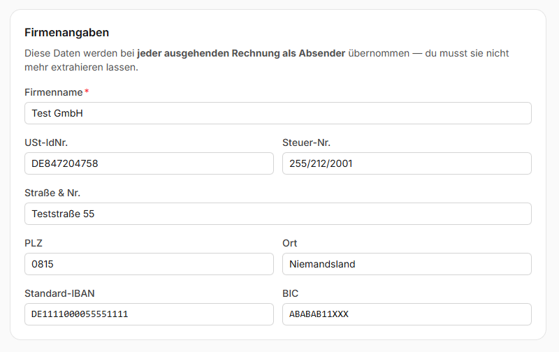 Stammdaten in Belegschmiede mit USt-ID, Steuernummer und Standard-Zahlungsbedingungen